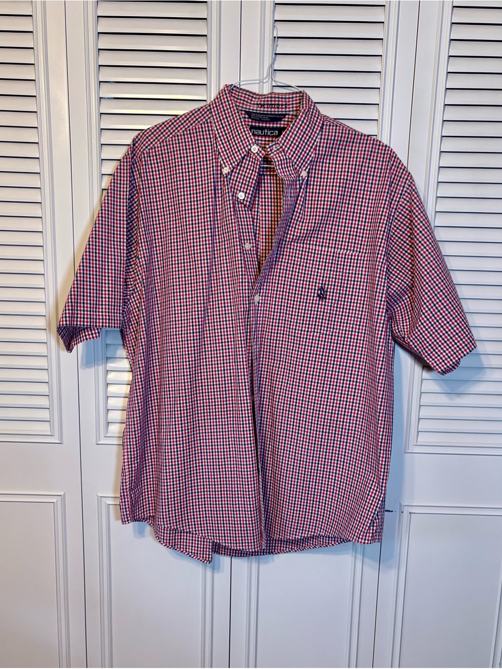 Nautica Men’s Red & Blue Gingham Short-Sleeve Button-Down Shirt
